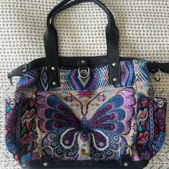 Maria's Artisan Shop Aurora Bag tan/purple/blue butterfly huipil CDB - Picture 2 of 7